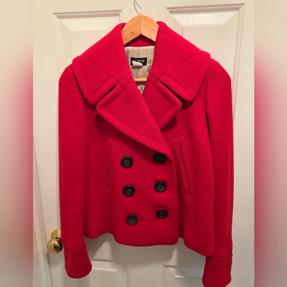 J. Crew Red Wool Cropped Double Breasted Peacoat, Size 0